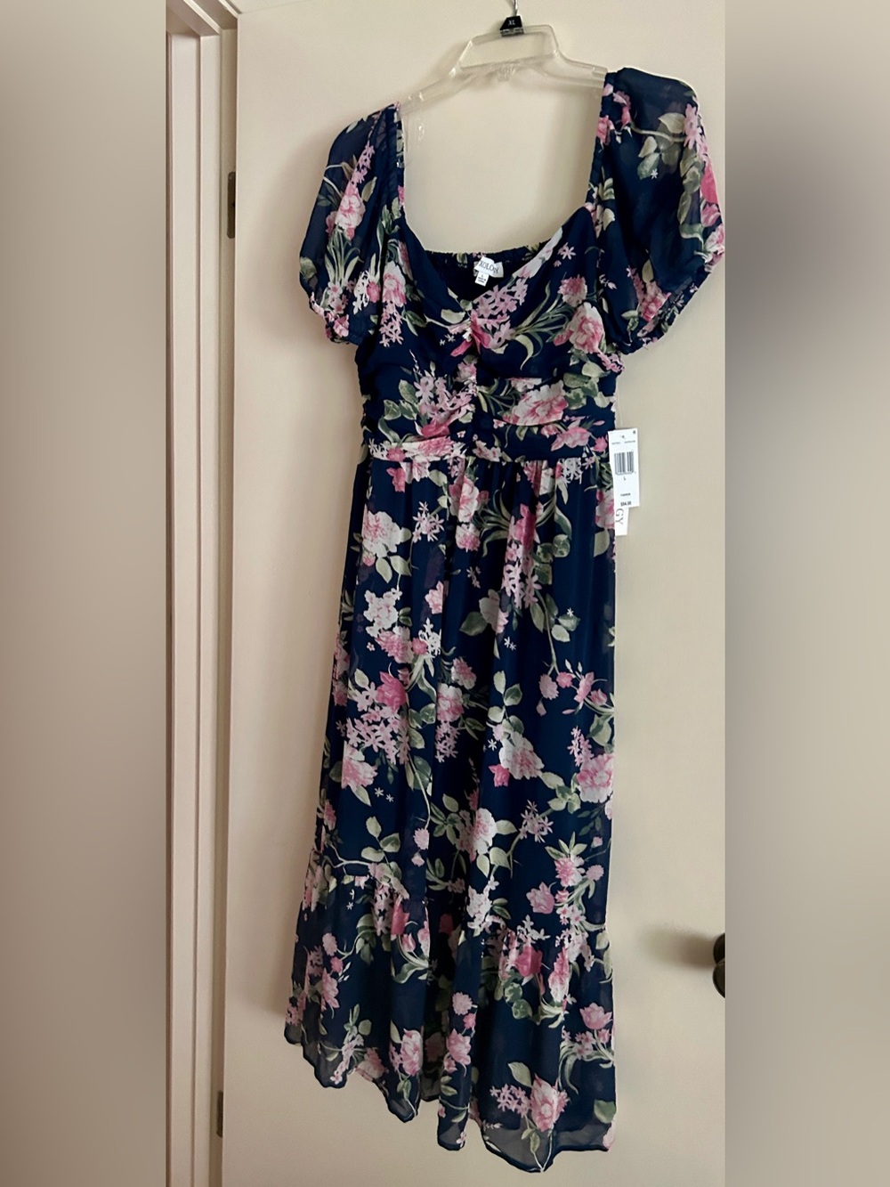 Luxology Navy Floral Puff-Sleeve Girls Dress with Pink and Green Print
